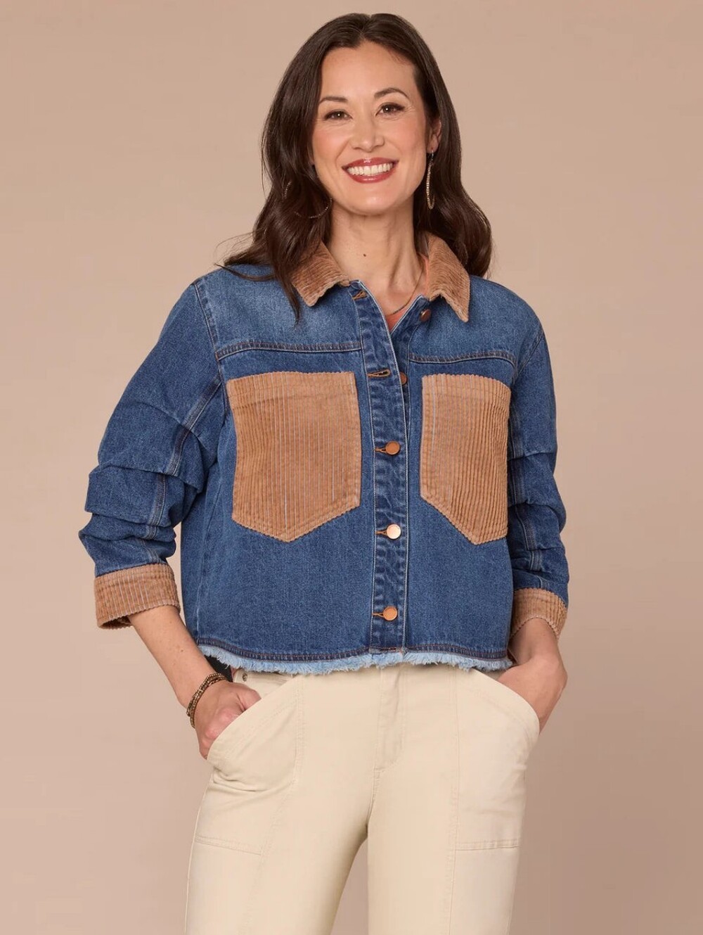 Cord Trim Denim Jacket - Blue and Tan